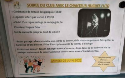 Samedi 25 juin dans le hameau de Beaugrenier, à Montjavoult, le CENTRE EQUESTRE DES NONAINS vous invite à sa Soirée du Club !🥳🥳🥳 Nous vous invitons à vous inscrire