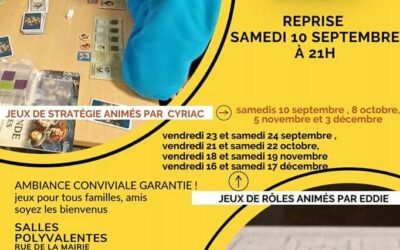 Message de Cyriac et Eddie, Maîtres jeux : « Reprise des soirées jeux dès ce samedi 10 septembre par l’association Montjavoult Joue. à partir de 21h dans la salle polyvalente rue de la MairieAu plaisir de vous revoir ou de faire connaissance. »
