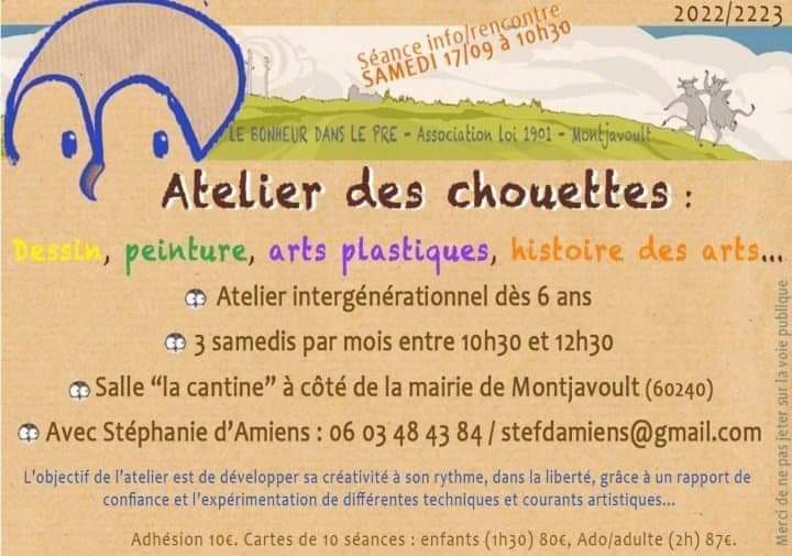 Activités associatives : cette semaine c’est la rentrée de 2 activités de l’association LE BONHEUR DANS LE PRÉ.LUNDI SOIR – 20h15 à 21h45 : CHORALE tous niveaux – dirigée par Marie-Christine. 2 séances d’essai gratuites. En salle communale.SAMEDI MATIN – 10h30 à 12h30 : ATELIER DES CHOUETTES. Salle « ancienne cantine ».