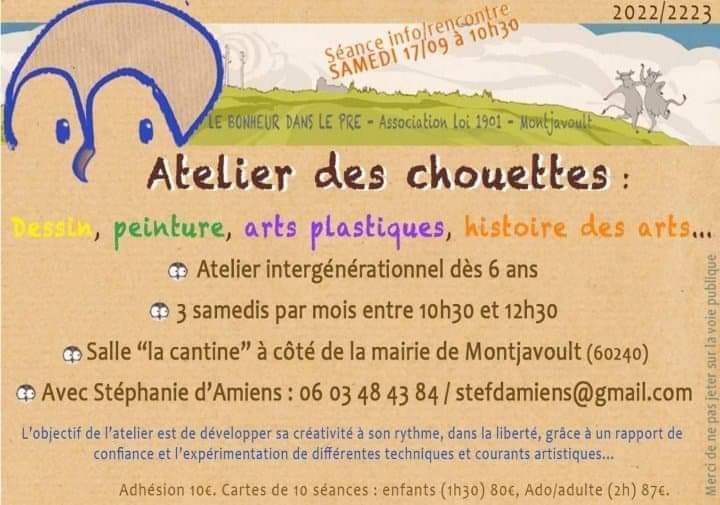 Activités associatives : cette semaine c’est la rentrée de 2 activités de l’association LE BONHEUR DANS LE PRÉ.LUNDI SOIR – 20h15 à 21h45 : CHORALE tous niveaux – dirigée par Marie-Christine. 2 séances d’essai gratuites. En salle communale.SAMEDI MATIN – 10h30 à 12h30 : ATELIER DES CHOUETTES. Salle « ancienne cantine ».