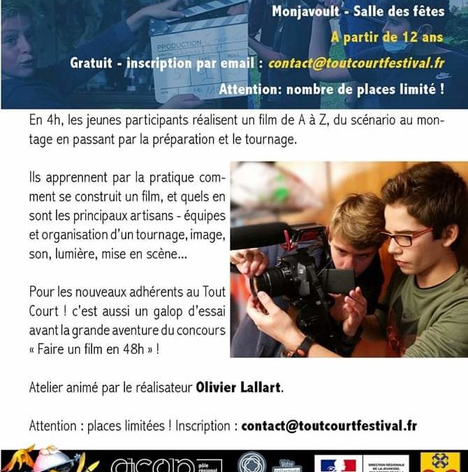 L’atelier « Tout Court » revient à Montjavoult le 1er octobre de 14h à 18h.Réaliser un film de A à Z.Inscription à partir de 12 ans.Contact@toutcourtfestival.fr