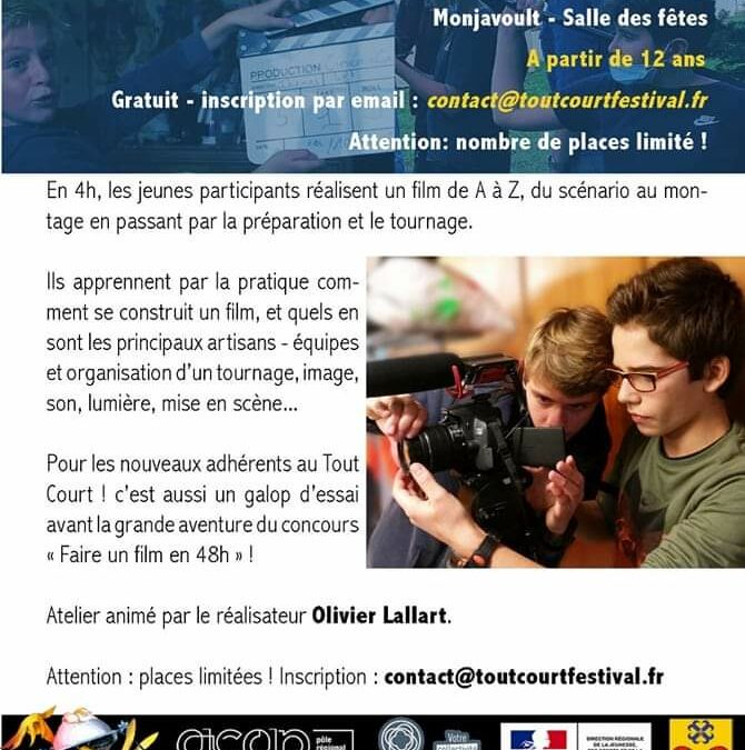 L’atelier « Tout Court » revient à Montjavoult le 1er octobre de 14h à 18h.Réaliser un film de A à Z.Inscription à partir de 12 ans.Contact@toutcourtfestival.fr