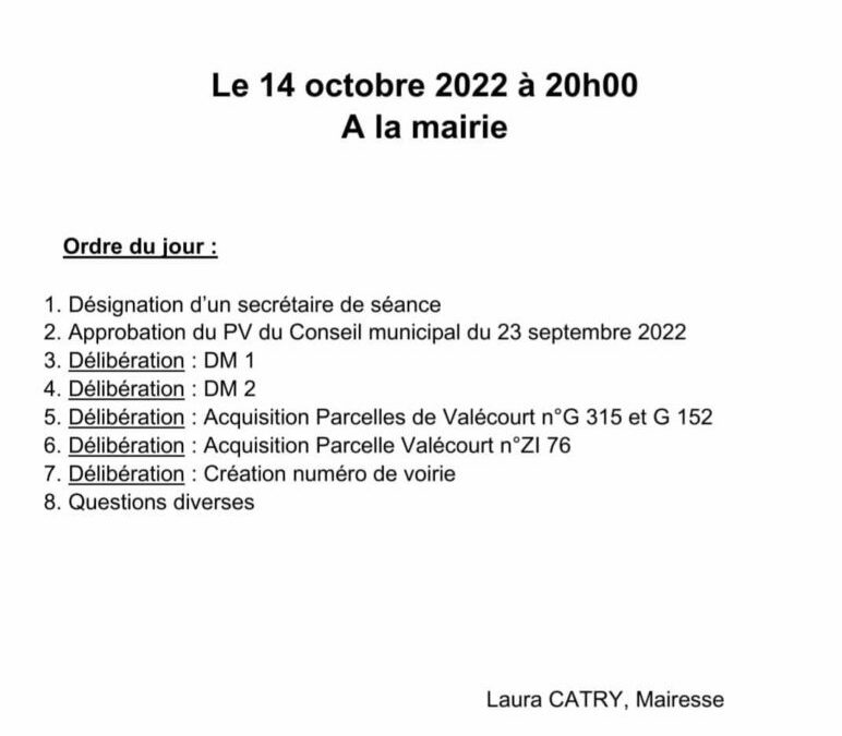 Le prochain Conseil Municipal aura lieu vendredi 14 octobre à 20h en mairie.