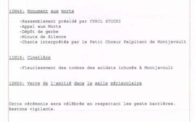 Cérémonie du 11 Novembre 2022 : l’Association des Anciens des Missions Extérieures nous convie à 10h45 (attention changement d’horaire) vendredi 11 novembre au Monument aux Morts. Voici le déroulement de la cérémonie :