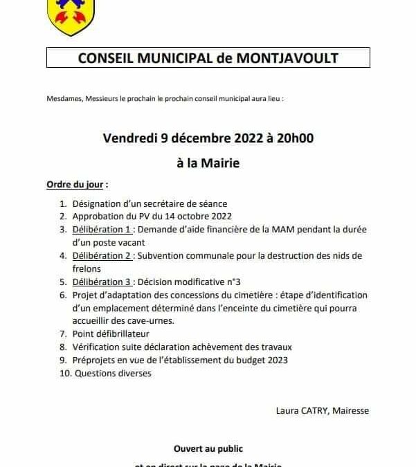 Le prochain Conseil Municipal aura lieu vendredi 9 décembre à 20h en mairie.