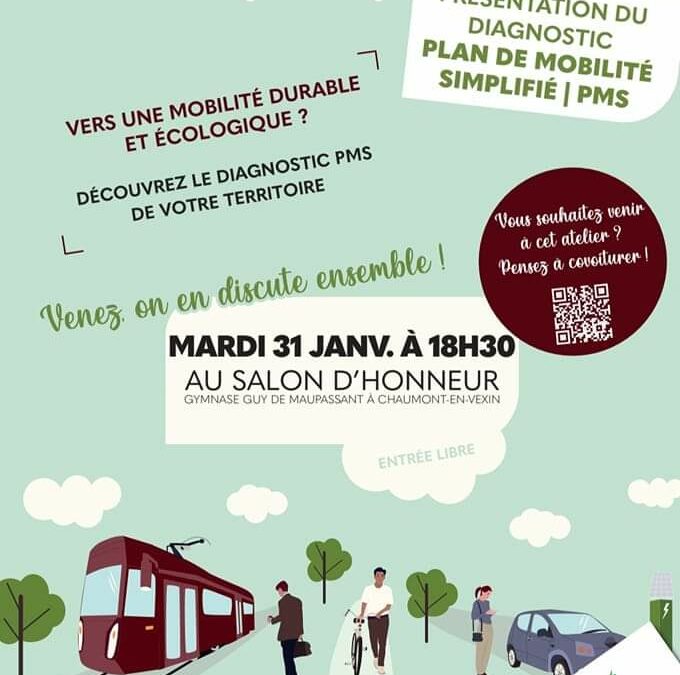 Voici l’invitation de la Communauté de Communes du Vexin Normand à la réunion « Diagnostic Plan de Mobilité Simplifié »Mardi 31 janvier à 18h30 au Gymnase Guy de Maupassant à Chaumont-en-Vexin.Merci d’y venir nombreux.