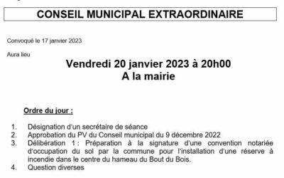 Prochain conseil municipal extraordinaire de Montjavoult : vendredi 20 janvier 2023 à 20h.