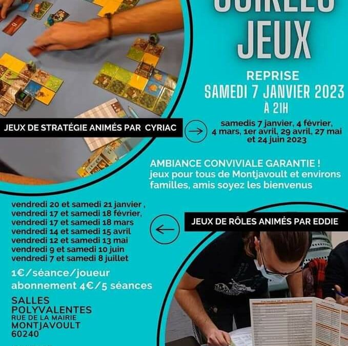 Les activités associatives prévues ce week-end à Montjavoult :Samedi 4 février avec Montjavoult joue : Soirée Jeux de Stratégie- réservations joue.montjavoult@gmail.comDimanche 5 février : séance Sophrologie/Relaxation avec Merveille Eveil – réservation merveilleeveil@gmail.com