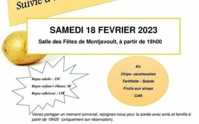 Soirée Tartiflette avec Montja’Bouge !! Vite vite il faut s’inscrire auprès de l’association pour réserver vos places d’ici le 11 février au plus tard !Au programme pour le samedi 18 février : REPAS TARTIFLETTE + SOIRÉE DANSANTE !Contact et réservations : montjabouge@gmail.com