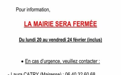 Le bureau de la Mairie de Montjavoult sera fermé la semaine du 20 au 24 février 2023.En cas d’urgence, les élus restent joignables.