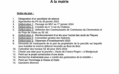 Le prochain conseil municipal de la commune de Montjavoult aura lieu vendredi 24 février 2023 à 20h à la mairie. Ouvert au public.