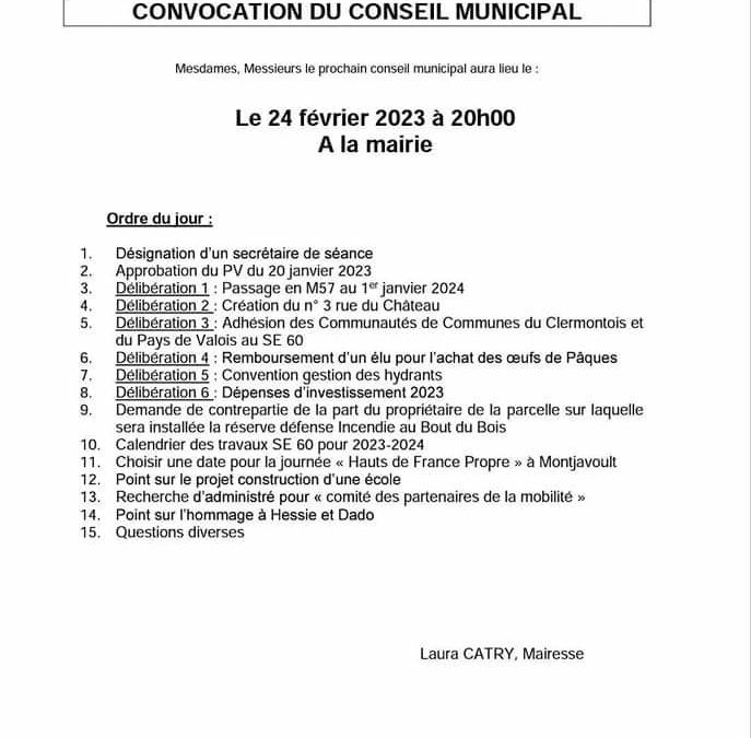 Le prochain conseil municipal de la commune de Montjavoult aura lieu vendredi 24 février 2023 à 20h à la mairie. Ouvert au public.