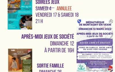 Rendez-vous associatifs :L’association Montjavoult joue propose pour les familles un dimanche après-midi jeux et une sortie « Joue à l’archéologue » … et deux soirées jeux pour les passionnés de Jeux de Rôles. La sortie famille et les soirées jeux de rôles se font sur réservation. joue.montjavoult@gmail.com📣Cyriac blessé à la cheville ne peut se déplacer pour le moment, la SOIRÉE JEUX DE STRATÉGIE du samedi 4 mars est donc annulée. Prochain rendez-vous le samedi 1er avril à 21h