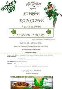 Festivités associatives : l’association Montja’Bouge organise une soirée ST PATRICK à la salle des fêtes de Montjavoult le samedi 18 mars :