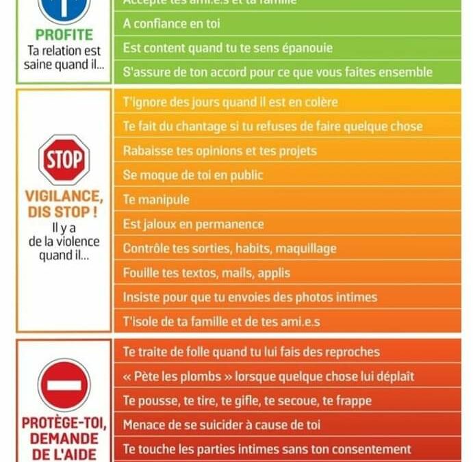 À l’occasion de la Journée internationale des droits des femmes nous partageons un document éducatif à destinations des jeunes filles, dans nos entourages, afin que chacune sache déceler, dans une relation saine de couple, au travail ou en famille, les signes d’instiliatiation d’abus ou de violence.Partageons ce Violentometre avec nos proches. Bonne journée à toutes et tous