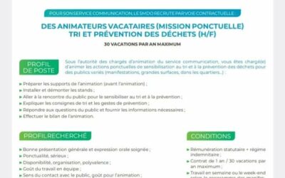 Annonce emploi : le SMDO recrute 12 personnes de 22 au 29 mai pour une campagne se sensibilisation sur le tri des dechets lors d’un événement à Chaumont-en-Vexin.Formation : les animateurs formés par le SMDO pour cet évènement pourront par la suite collaborer de nouveau sur les animations de ce syndicat, dès lors que la Collectivité aura besoin d’animation pour des évènements tels que (la journée anti-gaspillage, le prochain Vexin-Thelle en fête …)Rémunération : les vacataires sont rémunérés au taux horaire du SMIC en vigueur actuellement