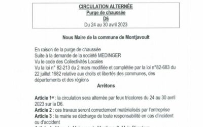 Jusqu’au 30 avril, le service départemental procède à la purge des chaussées des D6 et D983, à Beaugrenier. Merci pour votre attention.