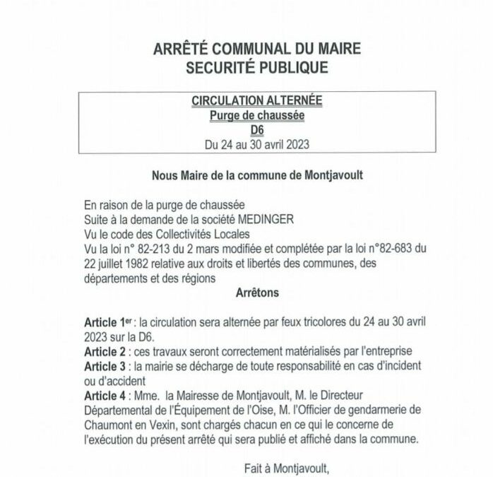 Jusqu’au 30 avril, le service départemental procède à la purge des chaussées des D6 et D983, à Beaugrenier. Merci pour votre attention.