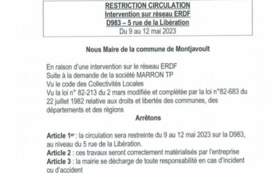 Du 9 au 12 mai, en raison de travaux 5 rue de la Libération à Beaugrenier Hameau de Montjavoult, la circulation sera restreinte.Nous vous remercions pour votre attention.