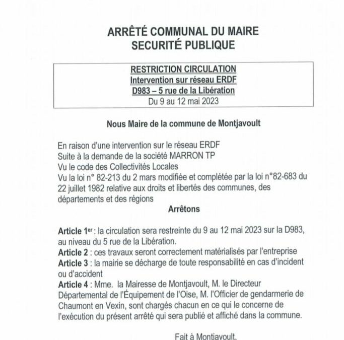 Du 9 au 12 mai, en raison de travaux 5 rue de la Libération à Beaugrenier Hameau de Montjavoult, la circulation sera restreinte.Nous vous remercions pour votre attention.