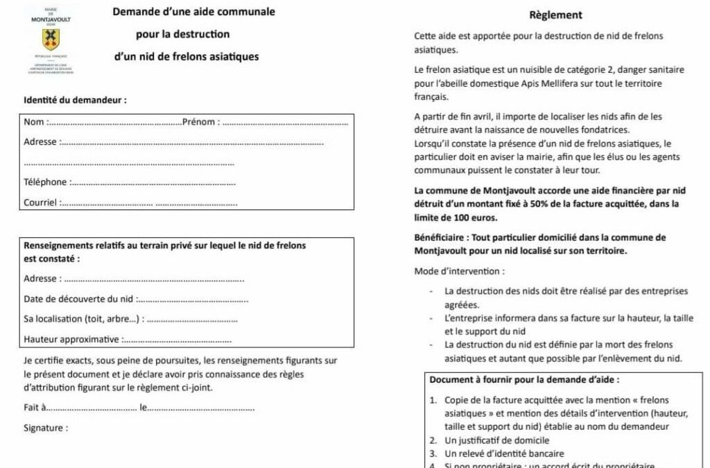 Une aide communale pour la destruction des nids de frelons asiatiques chez les particuliers par une entreprise agréée : 50 % de la facture plafonnée à 100 euros.Luttons ensemble contre ce nuisible destructeur d’abeille.