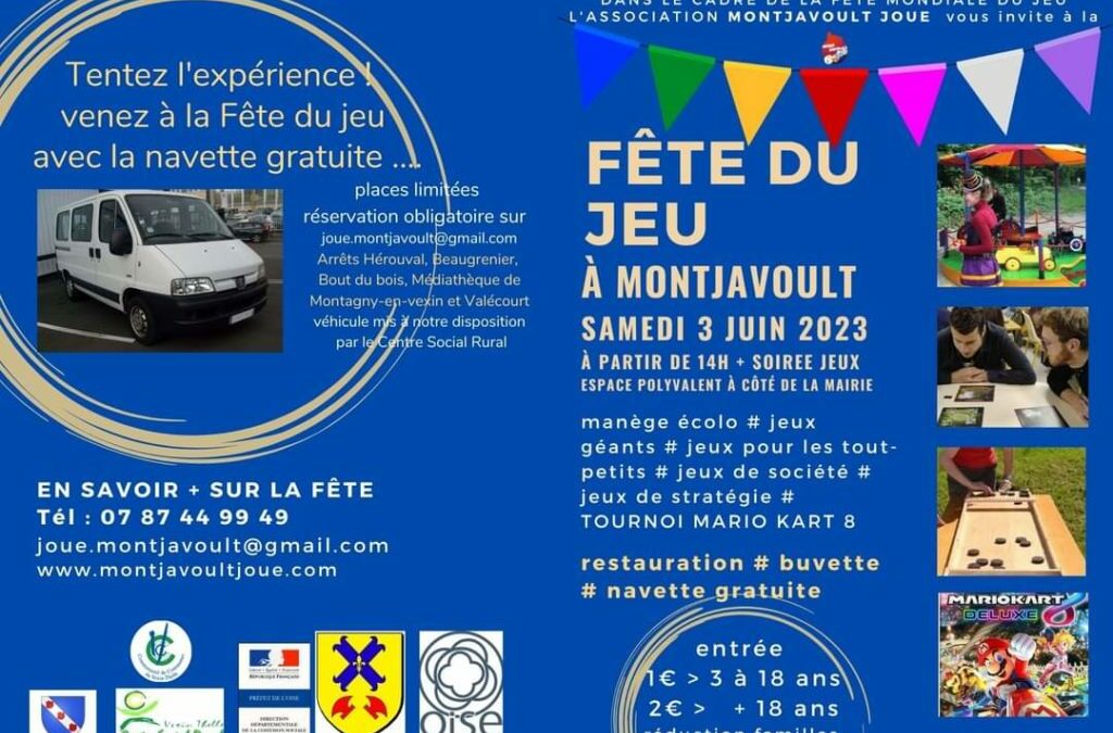 FETE DU JEU A MONTJAVOULT SAMEDI 3 JUIN  Il est encore temps de vous inscrire au TOURNOI MARIO KART 8 DELUX, il reste quelques places. Chaque participant repartira avec un lot. Il vous suffit d’envoyer un mail à eddie.jdrmontjavoult@gmail.com en renseignant vos nom, prénom, date de naissance, numéro de téléphone et votre pseudo pour l’arbre de tournoi. L’inscription au tournoi est de 2€ (en dehors du prix d’entrée à la fête 1€ pour les 3 à 18 et 2€ pour les + de 18 ans). Le tournoi est réservé aux + de 12 ans. Pour les mineurs, un accord parental est demandé au paiement de l’inscription. Voici le programme détaillé …