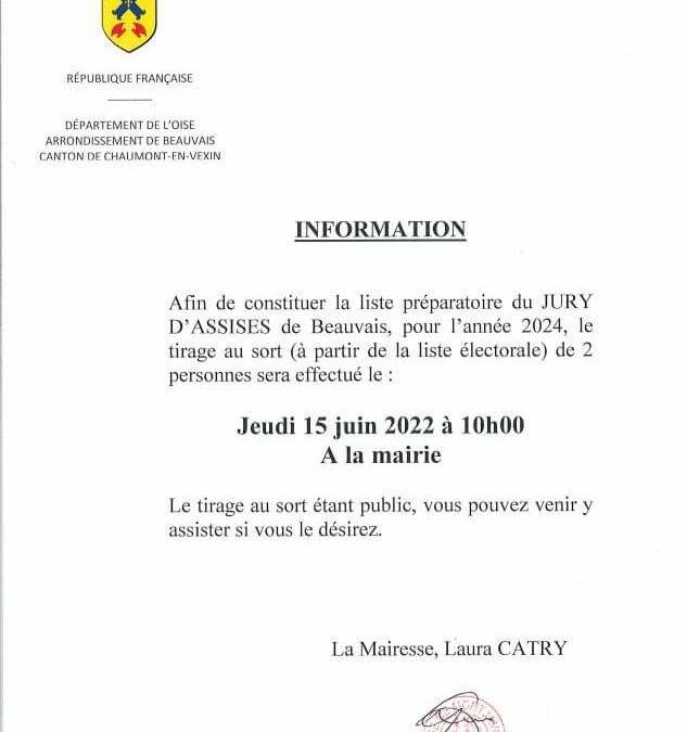 Ouvert au public : Jeudi 15 juin à 10h, première étape du tirage au sort des jurés d’assises parmi les électeurs de Montjavoult.