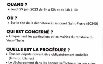 Journée exceptionnelle de collecte de l’amiante dans votre déchetterie de Liancourt- Saint-Pierre : jeudi 29 juin 2023Tout dépôt doit-être emballé par mesure de sécurité sanitaire.