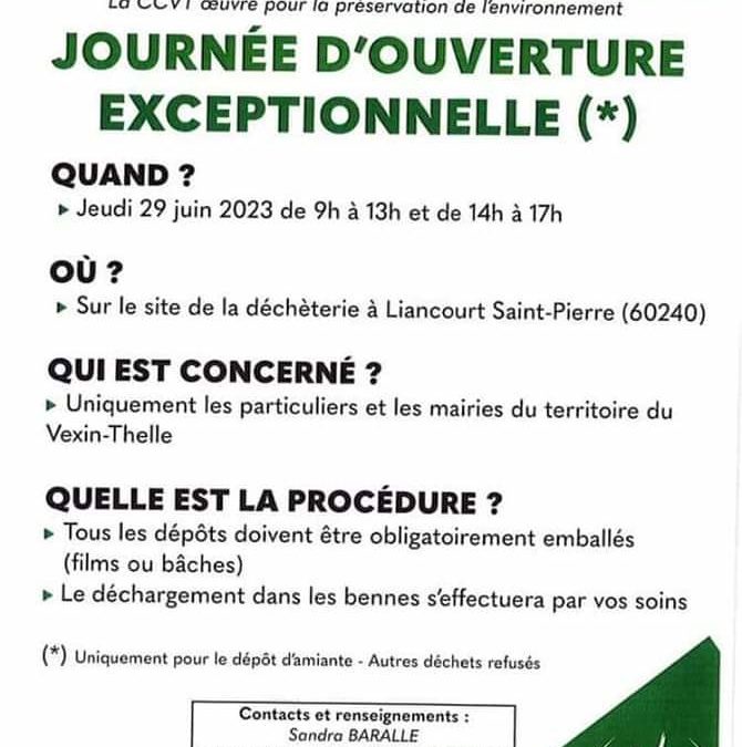 Journée exceptionnelle de collecte de l’amiante dans votre déchetterie de Liancourt- Saint-Pierre : jeudi 29 juin 2023Tout dépôt doit-être emballé par mesure de sécurité sanitaire.