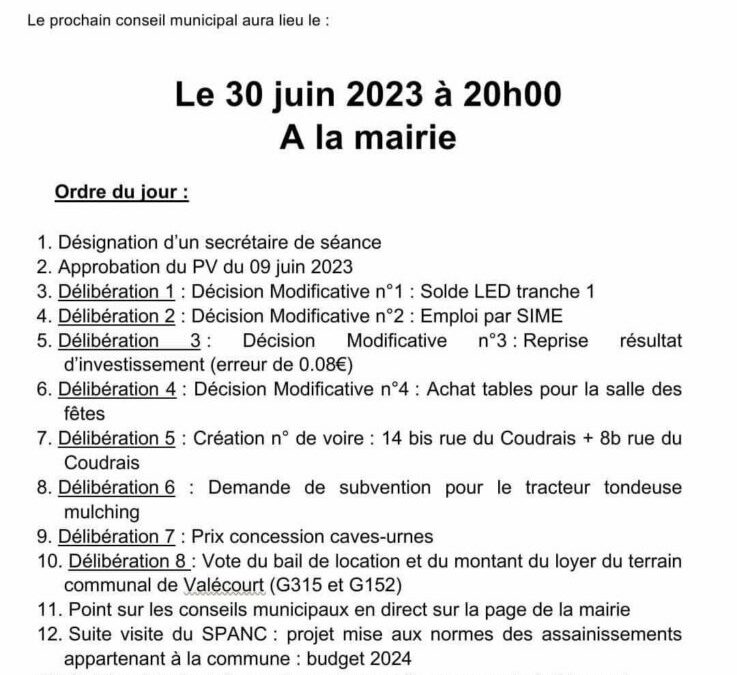 Convocation Conseil Municipal le vendredi 30 juin à 20h