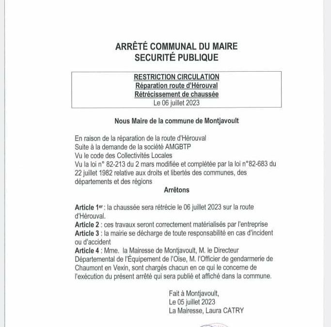 ⚠️ Travaux de réparation de voirie Route d’Hérouval : ce jeudi 6 juillet. Prudence