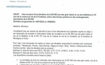 Du 10 juillet au 15 août, en raison de travaux à Montagny-en-Vexin sur la route départementale, une déviation, dûment fléchée, est mise en place sur le territoire de Montjavoult.Merci pour votre patience.