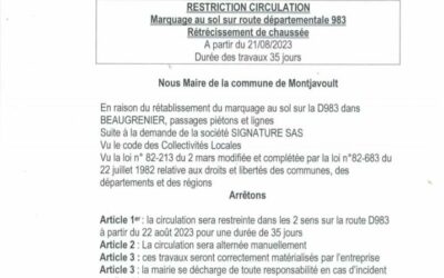 La circulation sera alternée à Beaugrenier en raison des prochains travaux de marquage au sol sur la D983 à partir du 22 août.Nous vous remercions pour votre compréhension.