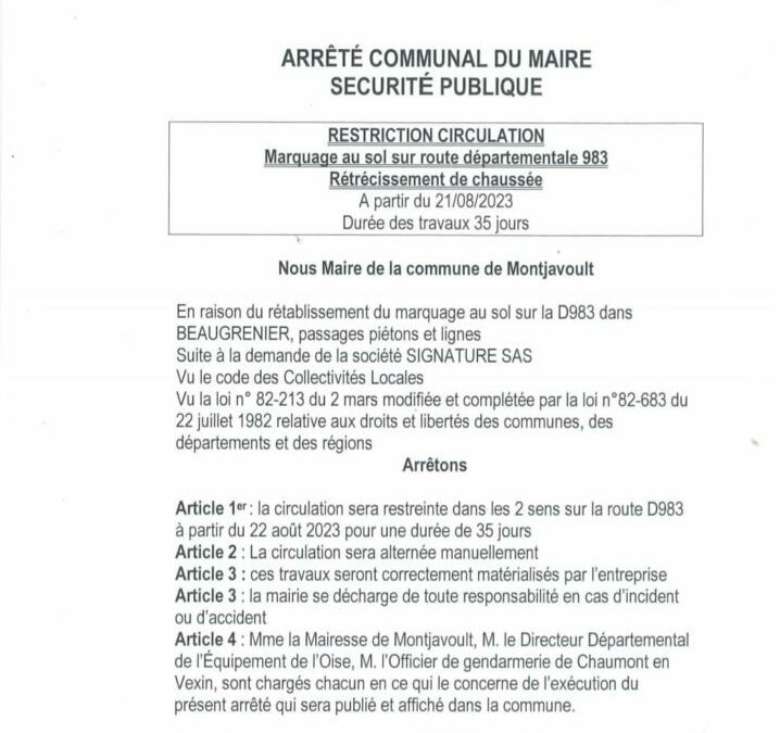 La circulation sera alternée à Beaugrenier en raison des prochains travaux de marquage au sol sur la D983 à partir du 22 août.Nous vous remercions pour votre compréhension.