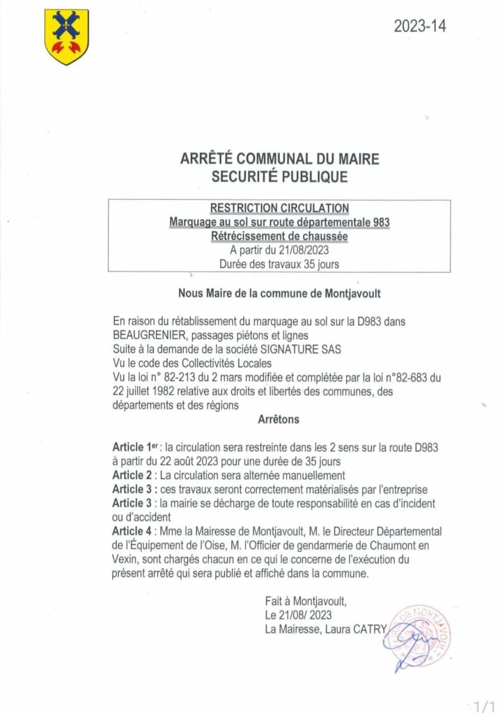 La circulation sera alternée à Beaugrenier en raison des prochains travaux de marquage au sol sur la D983 à partir du 22 août.Nous vous remercions pour votre compréhension.