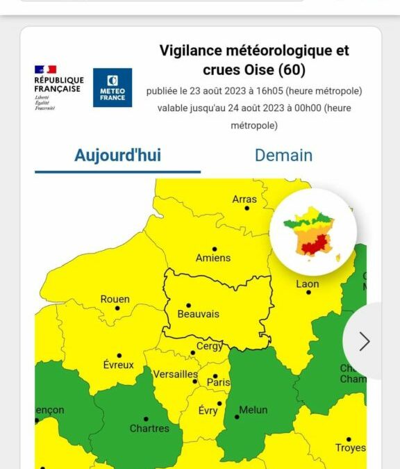 ALERTE INTEMPÉRIES Le département de l’Oise est placé en vigilance orange concernant les orages.Cette nuit de mercredi minuit à jeudi 24 août à 14h00.Soyez vigilant et sortez seulement en cas d’urgences!