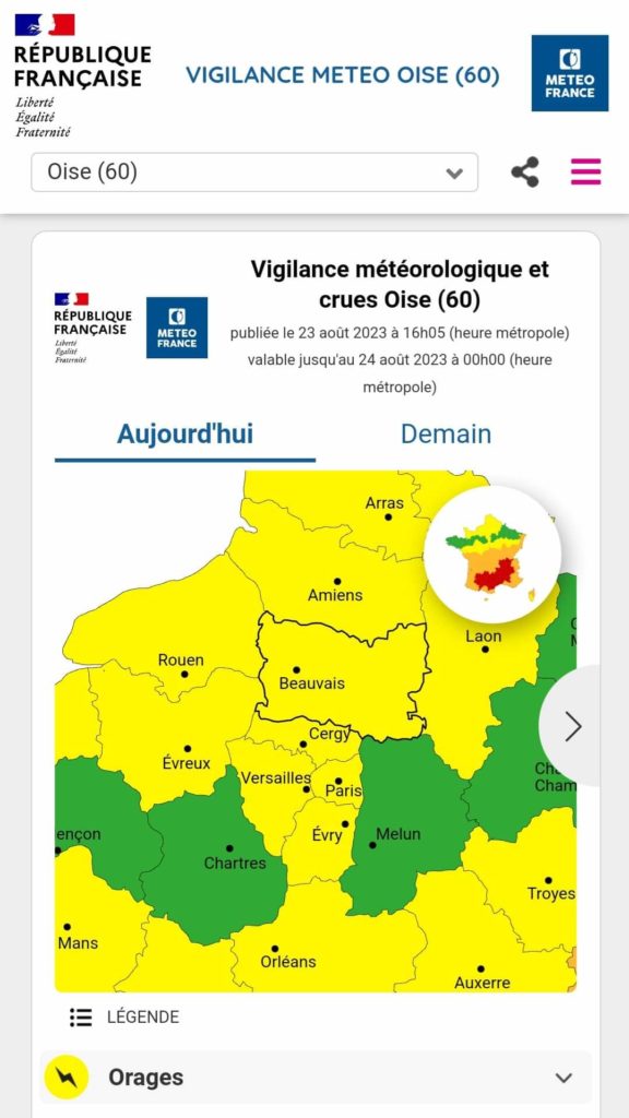 ALERTE INTEMPÉRIES Le département de l’Oise est placé en vigilance orange concernant les orages.Cette nuit de mercredi minuit à jeudi 24 août à 14h00.Soyez vigilant et sortez seulement en cas d’urgences!