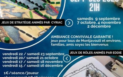 MONTJAVOULT JOUE : Nos soirées jeux reprennent samedi … Voici l’agenda des soirées jeux de stratégie, des soirées jeux de rôles. AMATEURS DE JEUX DE CARTES (POKER, TAROTS, BELOTTE … FAITES VOUS CONNAÎTRE IL Y AURA DE LA PLACE POUR VOUS AUSSI !TOUJOURS DANS UNE AMBIANCE CONVIVIALE GRÂCE Â CYRIAC ET EDDIE NOS MAÎTRES DE JEUX !POUR LES JEUX CLASSIQUES NOUS PROPOSONS AUSSI 3 DIMANCHES APRES-MIDI A LA MEDIATHEQUE DE MONTAGNY-EN-VEXIN LES 24/9, 29/10 ET 26/11A BIENTÔT