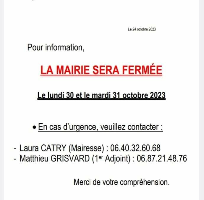 Fermeture de la mairie les 30 et 31 octobre