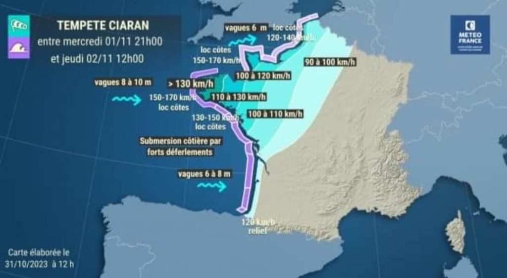 AlerteMeteo Préfecture de l’Oise :Météo France annonce sur le département de l’Oise un phénomène de vent violent pouvant atteindre 100km/h à compter du mercredi 1er novembre en soirée au jeudi 2 novembre 2023 à minuit, minimum, en l’état des prévisions.Conséquences possiblesDes coupures d’électricité et de téléphone peuvent affecter les réseaux de distribution pendant des durées relativement importantes.Les toitures et les cheminées peuvent être endommagées.Des branches d’arbre risquent de se rompre et des arbres risquent de tomber.Les véhicules peuvent être déportés.La circulation routière peut être perturbée, en particulier sur le réseau secondaire en zone forestière.Je protège ma maison et les biens exposés au vent : je range mes meubles de terrasse, je rentre mes poubelles…Conseils de comportementJe me tiens informé auprès des autorités.Je limite mes déplacements.Je prends garde aux chutes d’arbres et d’objets.Je n’interviens pas sur les toits.Je suis solidaires avec mes voisins.ALERTE météo.