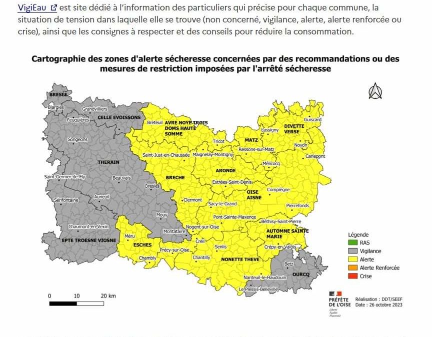 sécheresse : notre bassin « Epte-Troesne-Viosne » placé en état de VIGILANCE par arrété préfectoral du 30 octobre 2023, nous sommes collectivement et individuellement invités à réaliser des économies d’eau (rappel, interdiction de lavage de voiture au jet d’eau à domicile).Consulter l’arrété sur PROPLUVIA :