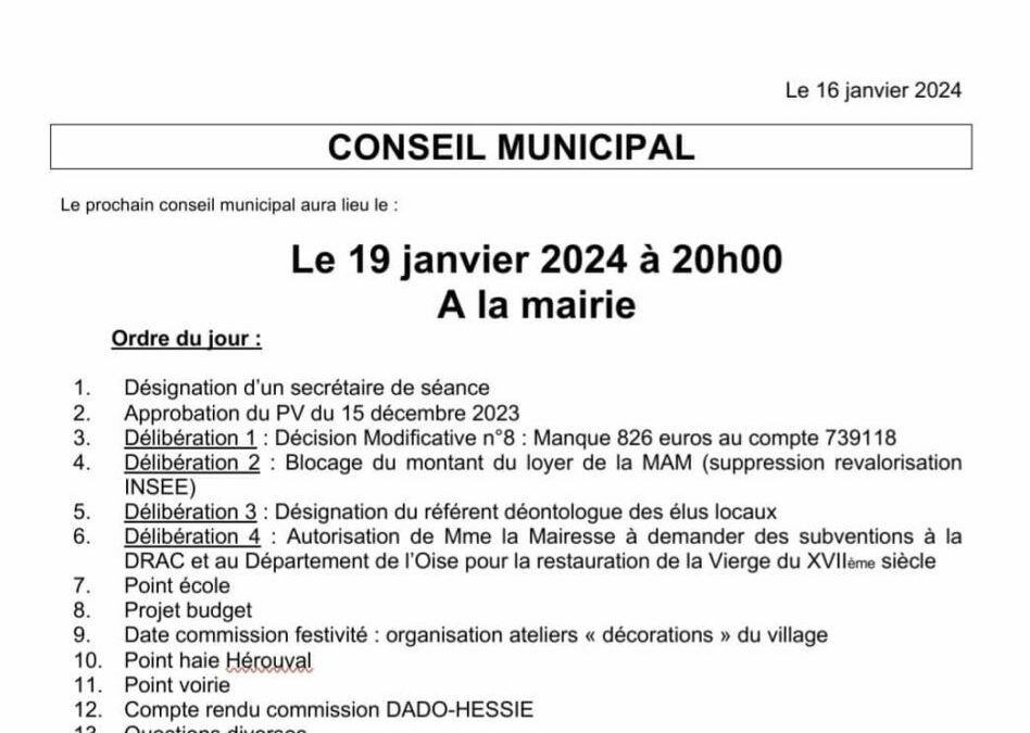 Convocation du conseil municipal du vendredi 19 janvier à 20h