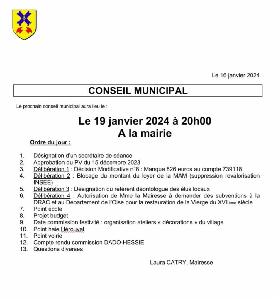 Convocation du conseil municipal du vendredi 19 janvier à 20h