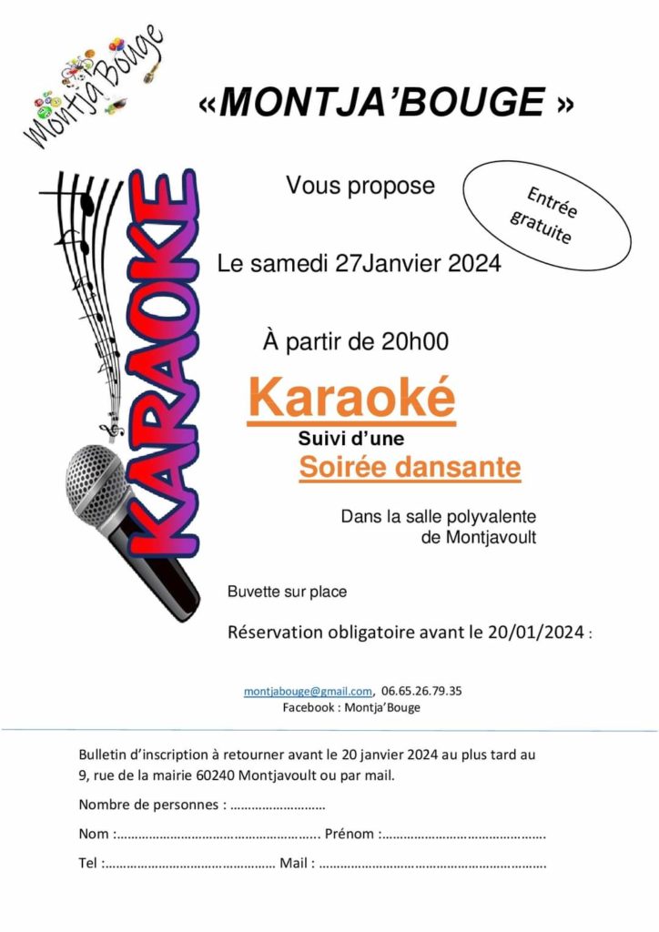 Ce Samedi 27 janvier à 20h, MONTJA’BOUGE organise un Karaoké suivi d’une soirée dansante, dans la salle des fêtes de Montjavoult !