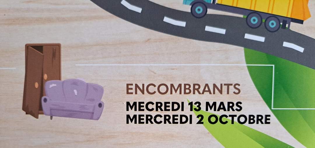 Cette semaine, mercredi 13 mars, c’est la collecte des encombrants : meubles, jouets extérieurs, vélo, appareils électriques et électroniques. ⚠️ PAS DE GRAVATS, TERRE, CARRELAGES, FAÏENCES, PNEUS,PEINTURES, BOUTEILLES DE GAZ, EXTINCTEURS ET OBJETS TROP LOURDS.+ poubelle grises, jaunes et les vertes.