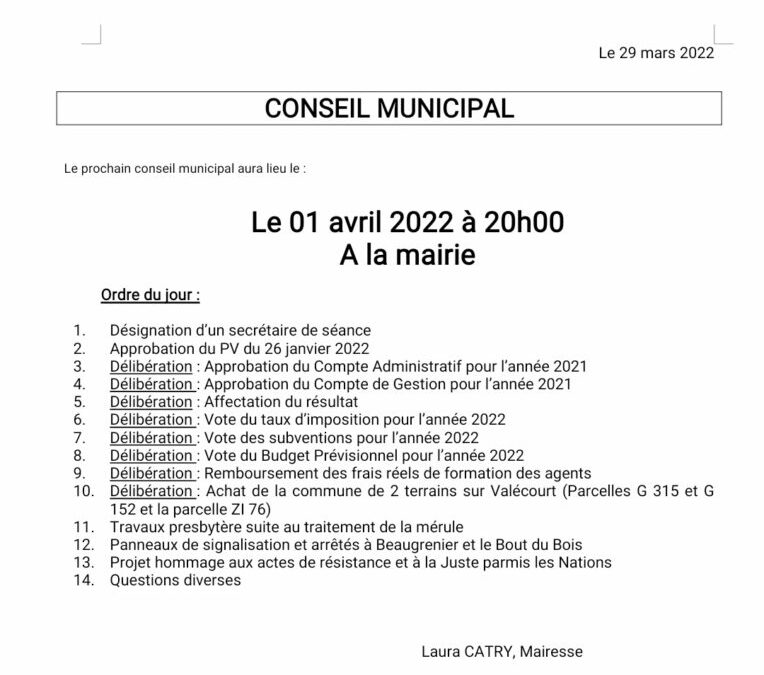 Conseil municipal du vendredi 1er avril à 20h