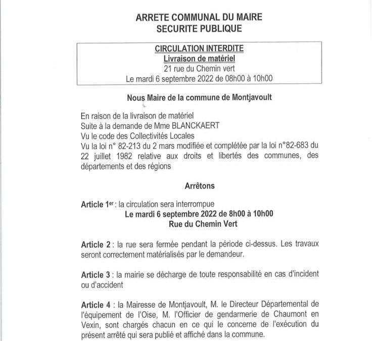 Circulation ⚠ : ce mardi 6 septembre- rue du Chemin Vert fermée à la circulation de 8h à 10h .