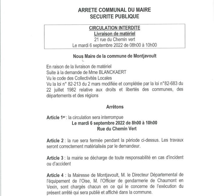 Circulation ⚠ : ce mardi 6 septembre- rue du Chemin Vert fermée à la circulation de 8h à 10h .