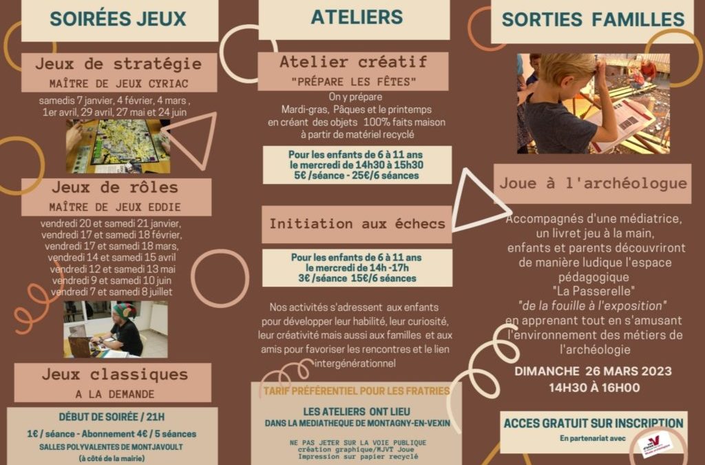 Retrouvez vous en ce début 2023 autour des activités proposées par les associations du village, avec une reprise des activités associatives dès ce week-end ; au programme :SOIREE JEUX DE STRATEGIES avec Montjavoult joue ce samedi 7 janvier à 21hSEANCE DE RELAXATION & SOPHROLOGIE par Merveille Eveil ce dimanche 8 janvier. Voir contacts et informations ci-dessous.Très bonne rentrée, meilleurs voeux.