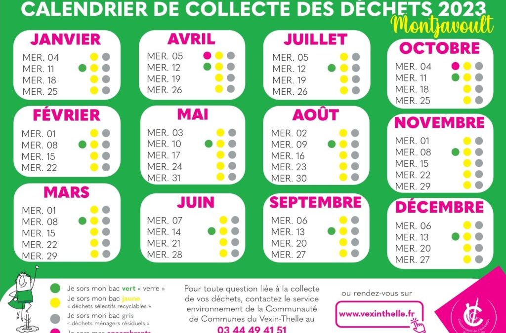 Le calendrier de la collecte des déchets pour 2023. La collecte du verre a lieu le 2ème mercredi de chaque mois.Les règles de tri des déchets.